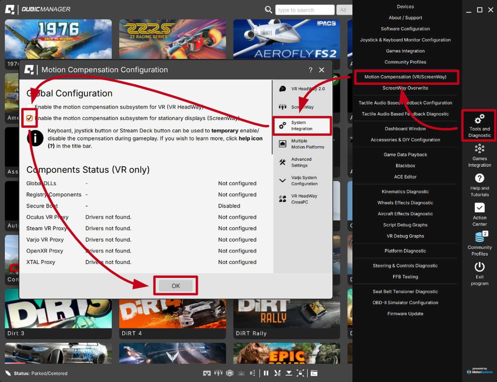 ForceSeatPM System Integration tab with the ScreenWay subsystem checkbox enabled