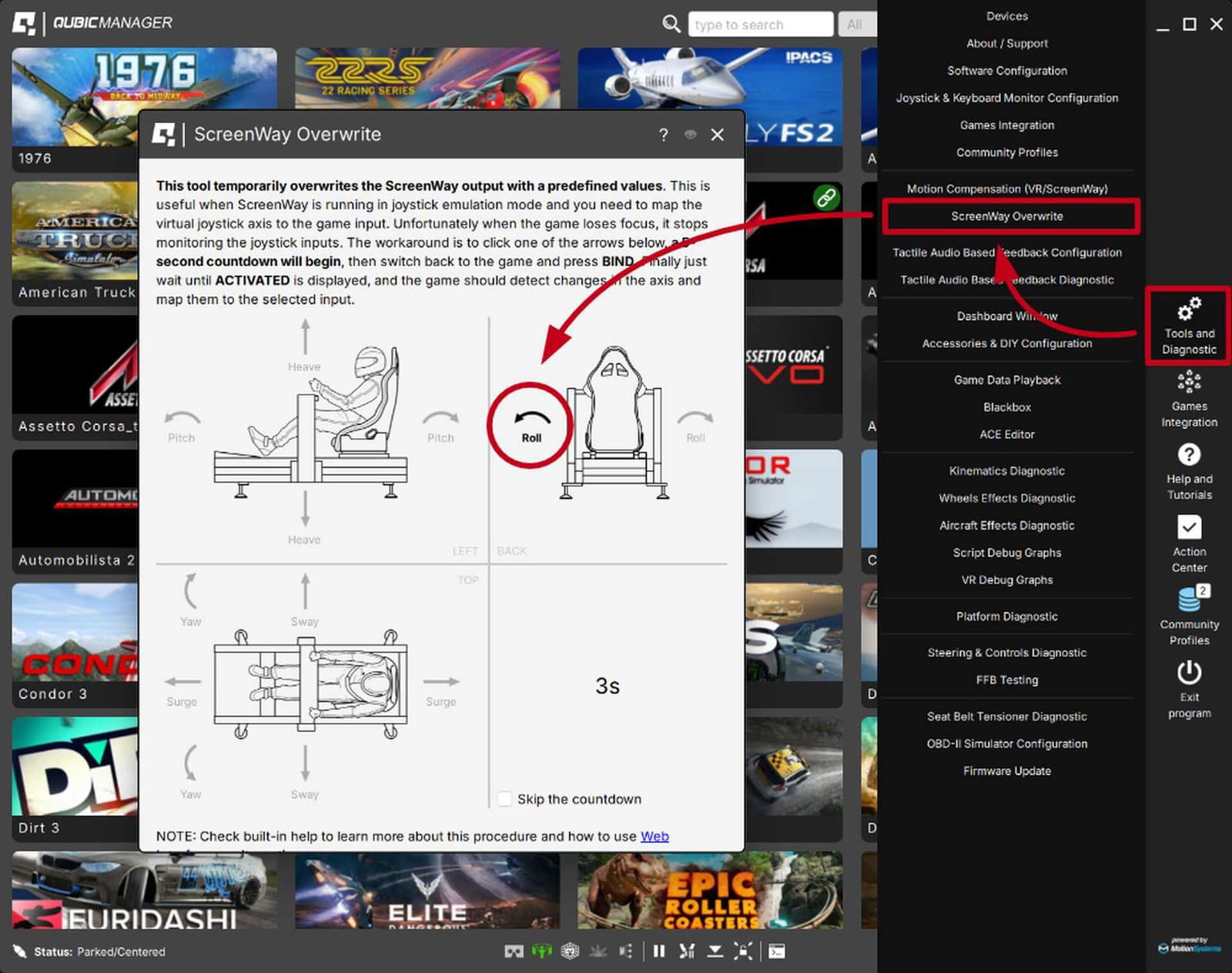 ForceSeatPM Tools and Diagnostic menu showing ScreenWay Overwrite axis buttons