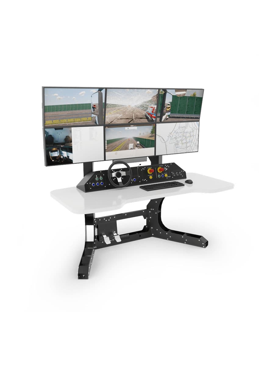 Instructor station components - six monitors (five traffic plus control panel) and driving controls