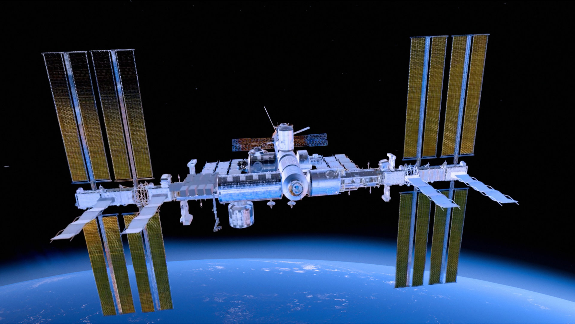 VR space journey visuals featuring the International Space Station