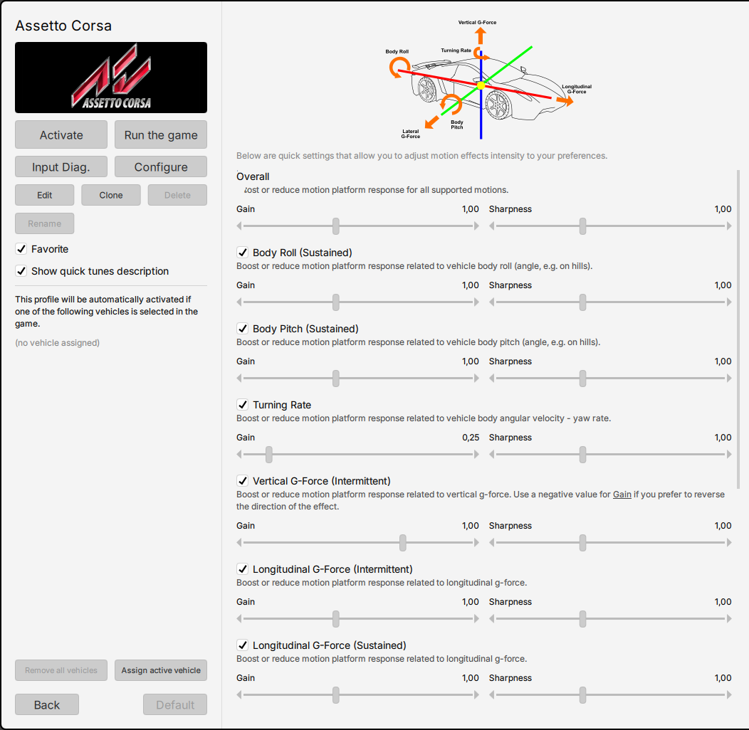 ForceSeatPM profile editor - Gain and Sharpness sliders for each motion effect (Body Roll, Body Pitch, Turning Rate, vertical and longitudinal G-forces). No programming required.