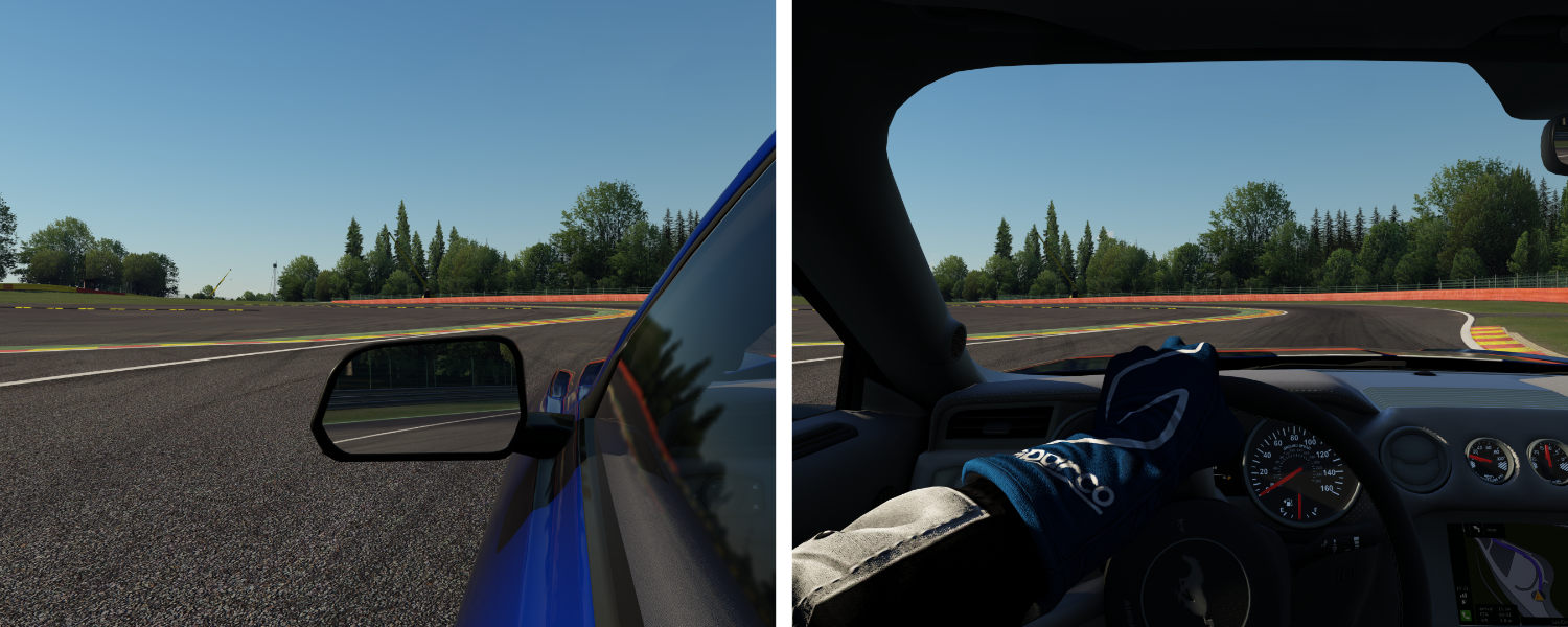 In-cockpit VR view comparison: VR HeadWay OFF (left) shows the cockpit drifting with platform motion; VR HeadWay ON (right) keeps the cockpit anchored to the world