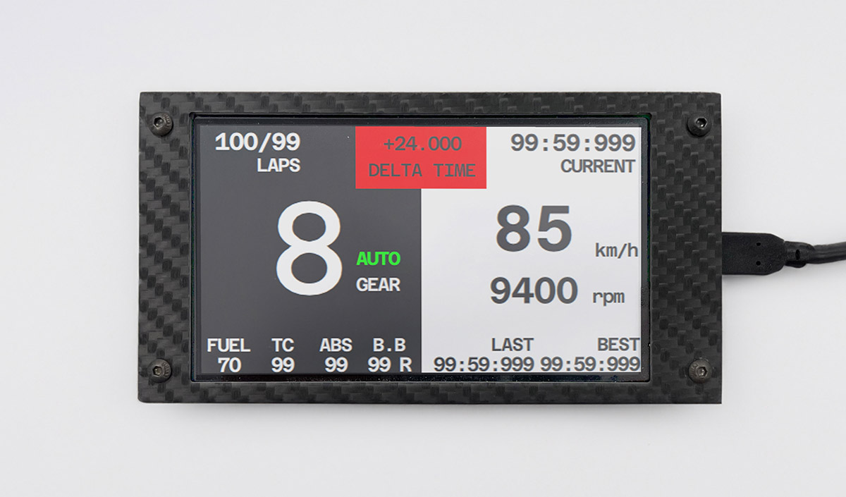 DIY sim dashboard display mounted on a sim racing wheel